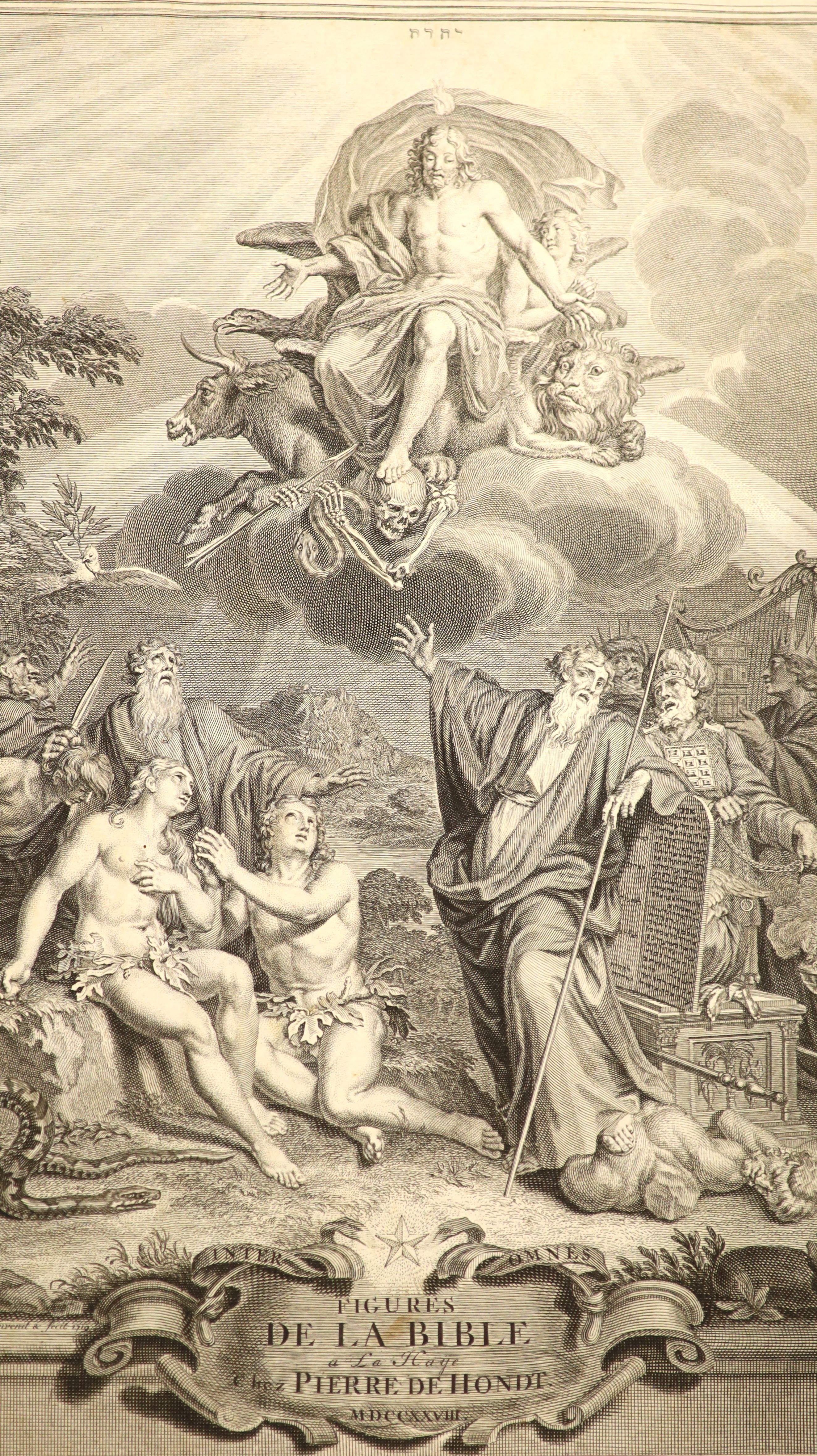 (Holy Bible). Figures de la Bible, pictorial engraved title and 199 copper engraved plates (?2 ex 212, 28 double page); old half calf and marbled boards, folio, La Haye: Pierre de Hondt, 1728